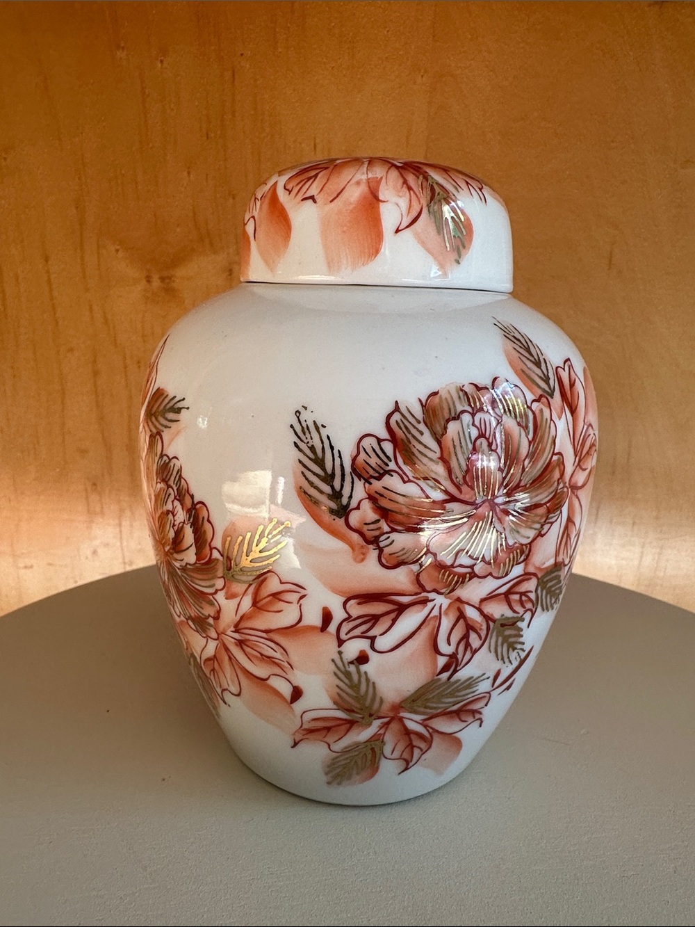 Vintage Japanese Porcelain Ginger Jar with Lid, Hand-Painted Floral Design, Gold